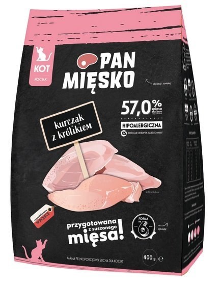 Pan Mięsko Karma sucha dla kociąt - kurczak i królik chrupki XS 400g Pan Mięsko Karma sucha dla kociąt - kurczak i królik chrupki XS 400g