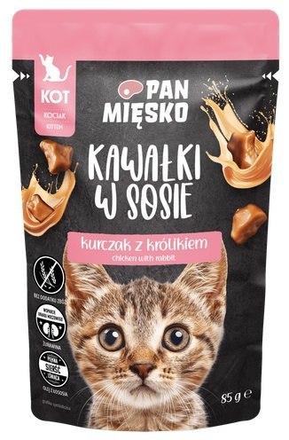 Pan Mięsko Karma mokra dla kota - Kitten kurczak i królik kawałki w sosie saszetka 85g Pan Mięsko