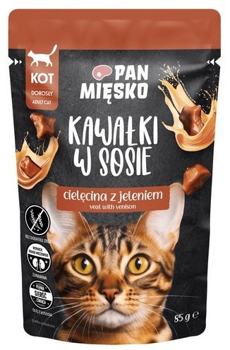 Pan Mięsko Karma mokra dla kota - cielęcina i jeleń kawałki w sosie saszetka 85g Pan Mięsko