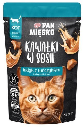 Pan Mięsko Karma mokra dla kota - indyk i tuńczyk kawałki w sosie saszetka 85g Pan Mięsko